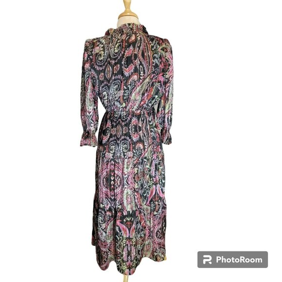 Elan Maxi Dress, Women S, Black Purple & White w/Gold Metallic, Paisley, EUC - Picture 2 of 12